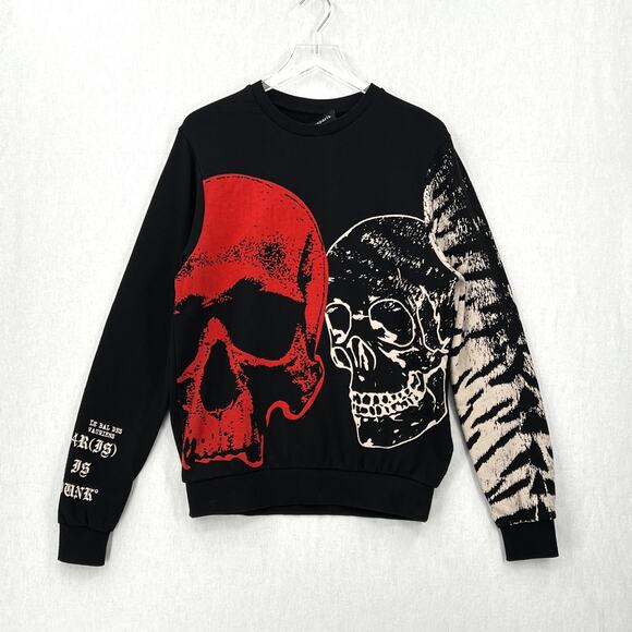 ELEVEN PARIS Graphic Crew Neck Sweatshirt Mens Small Black Skulls Edgy Goth Cozy - Picture 2 of 13